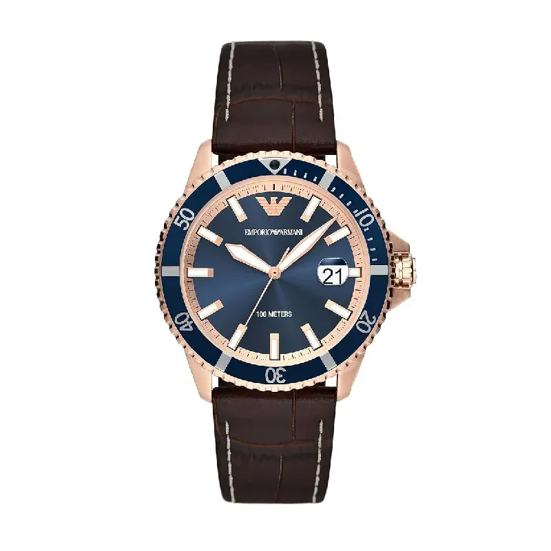 Emporio Armani Diver Blue Dial Leather Men's Watch- AR11556